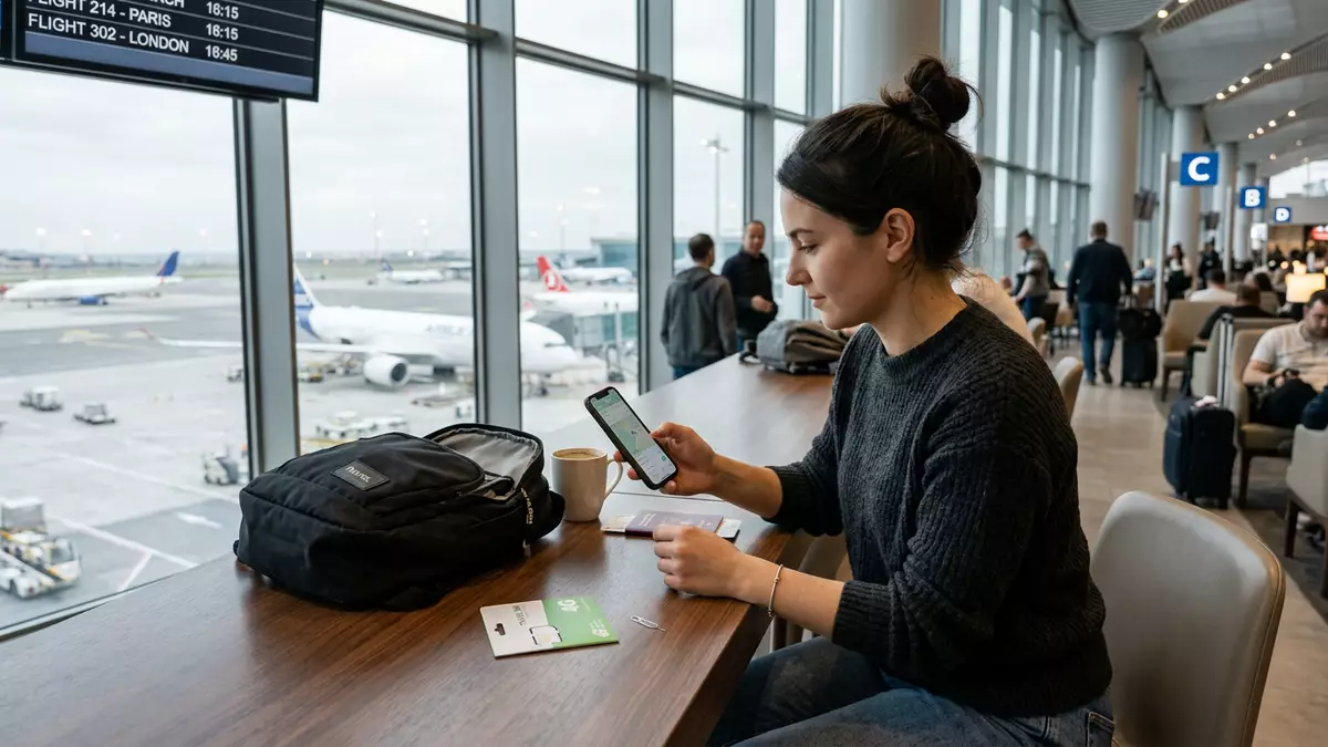 Fotorealistische Ansicht von Reise-SIM-Karte auf Reisen in realer Umgebung, neutral