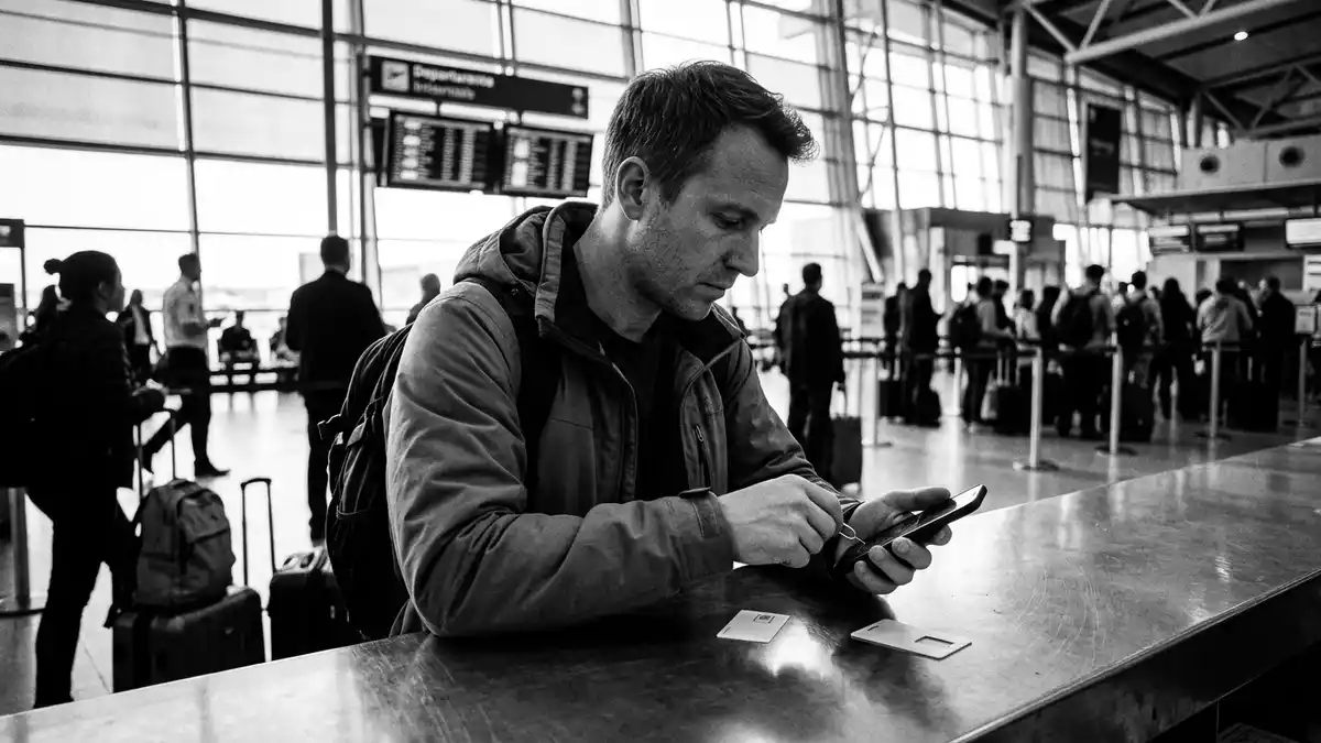 Schwarzweiss-Reportagebild mit Reise-SIM-Karte in dokumentarischer Arbeitsumgebung