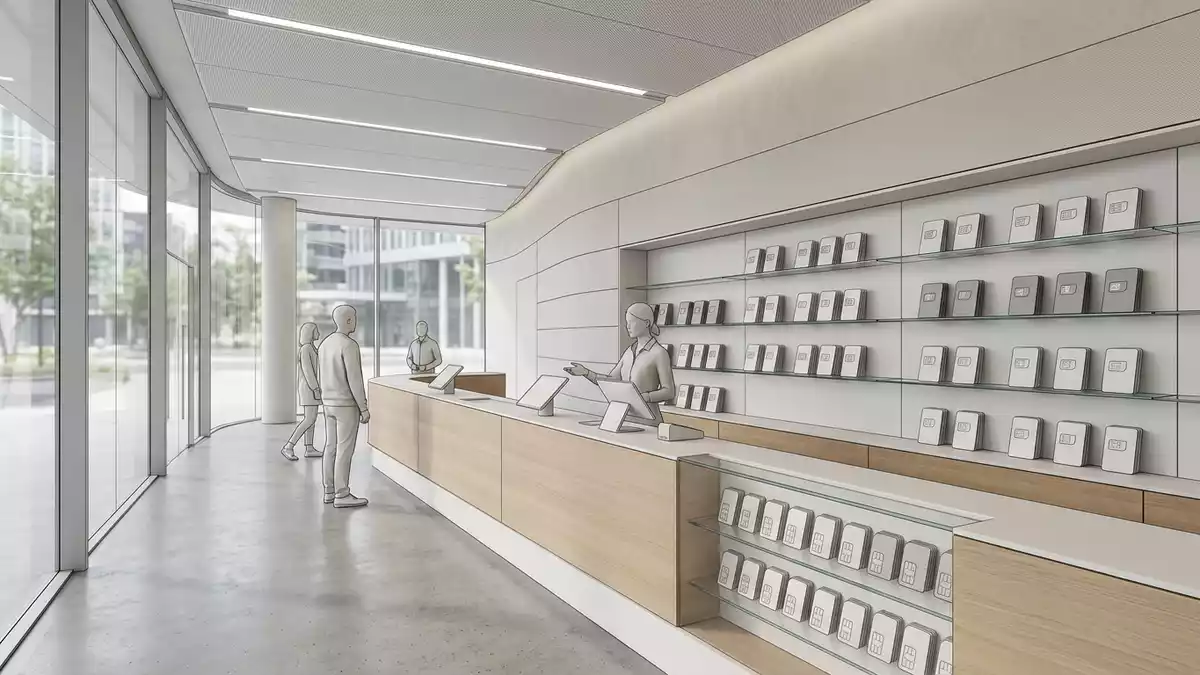 Architektur-Render im Mobilfunk-Fachhandel mit Reise-SIM-Karte im Ausstellungsbereich