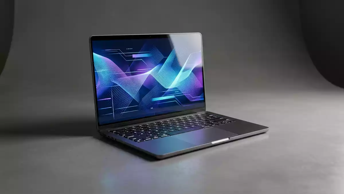 Fotorealistische Studioansicht von Entwicklungs-Laptop in neutraler Produktdarstellung