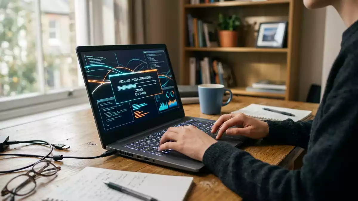 Fotorealistische Ansicht von Entwicklungs-Laptop im Büro in realer Umgebung, neutral