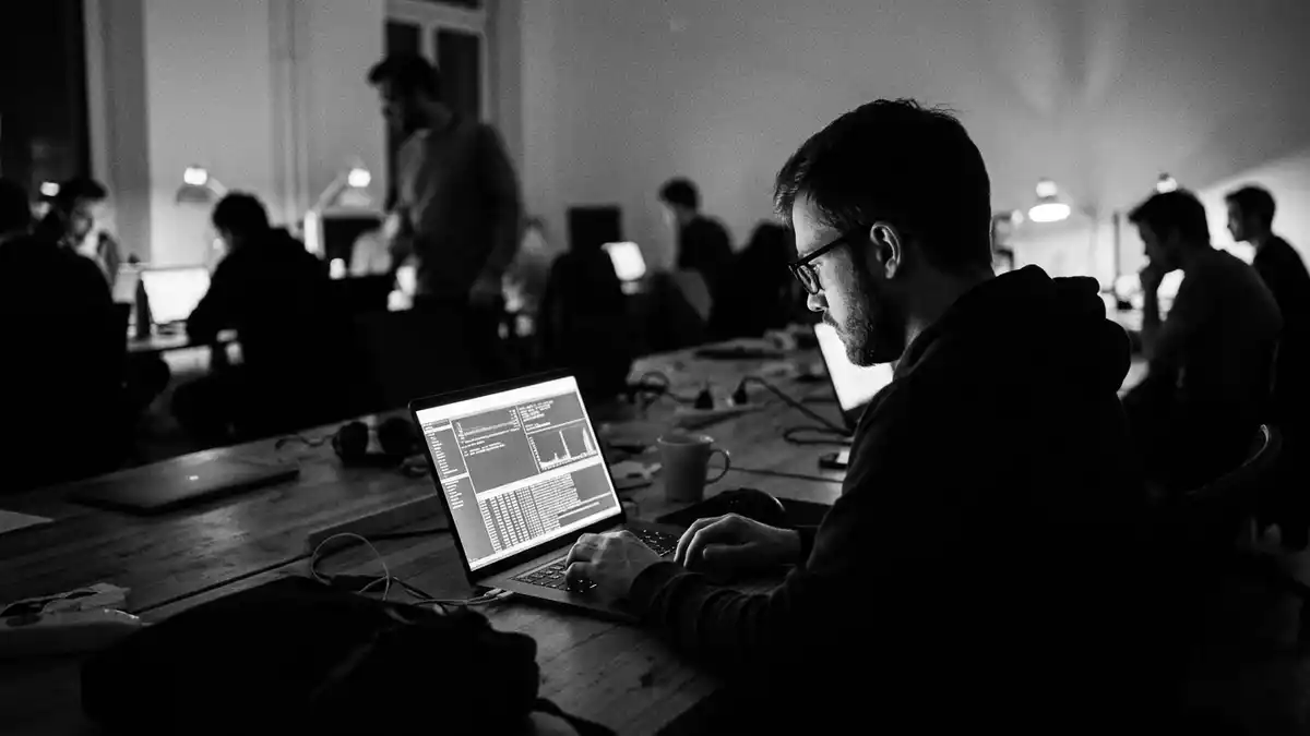 Schwarzweiss-Reportagebild mit Entwicklungs-Laptop in dokumentarischer Arbeitsumgebung