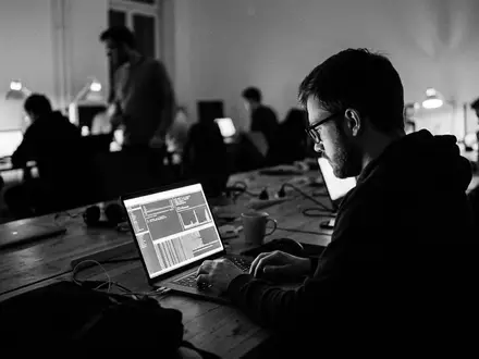 Schwarzweiss-Reportage mit Entwicklungs-Laptop zum Thema Java Download, ISIN US68389X1054, hoher Kontrast, sachlich dargestellt - Foto: THN
