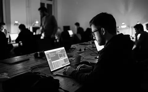 Schwarzweiss-Reportage mit Entwicklungs-Laptop zum Thema Java Download, ISIN US68389X1054, hoher Kontrast, sachlich dargestellt - Foto: THN