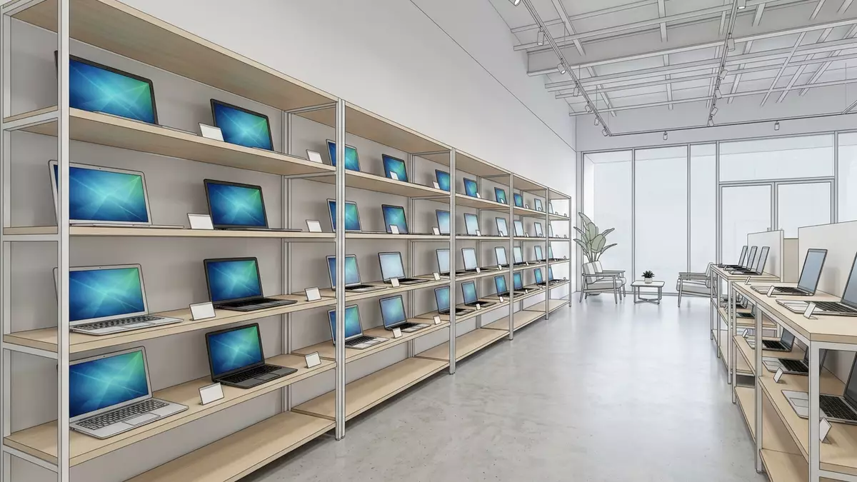 Architektur-Render im Computer-Fachhandel mit Entwicklungs-Laptop im Ausstellungsbereich