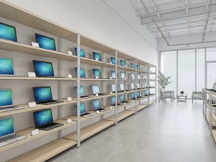 Architektur-Render im Computer-Fachhandel mit Entwicklungs-Laptop zum Thema Java Download, ISIN US68389X1054, neutrales Tageslicht - Foto: THN