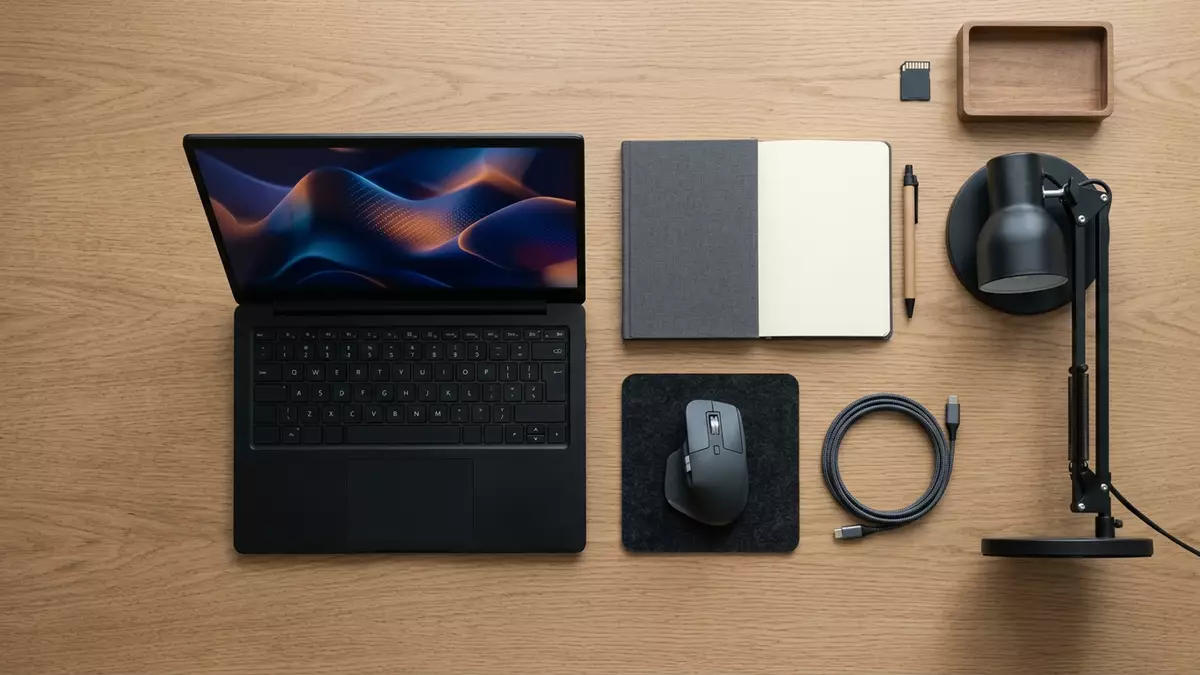 Flatlay-Arrangement rund um Entwicklungs-Laptop mit passenden Requisiten von oben