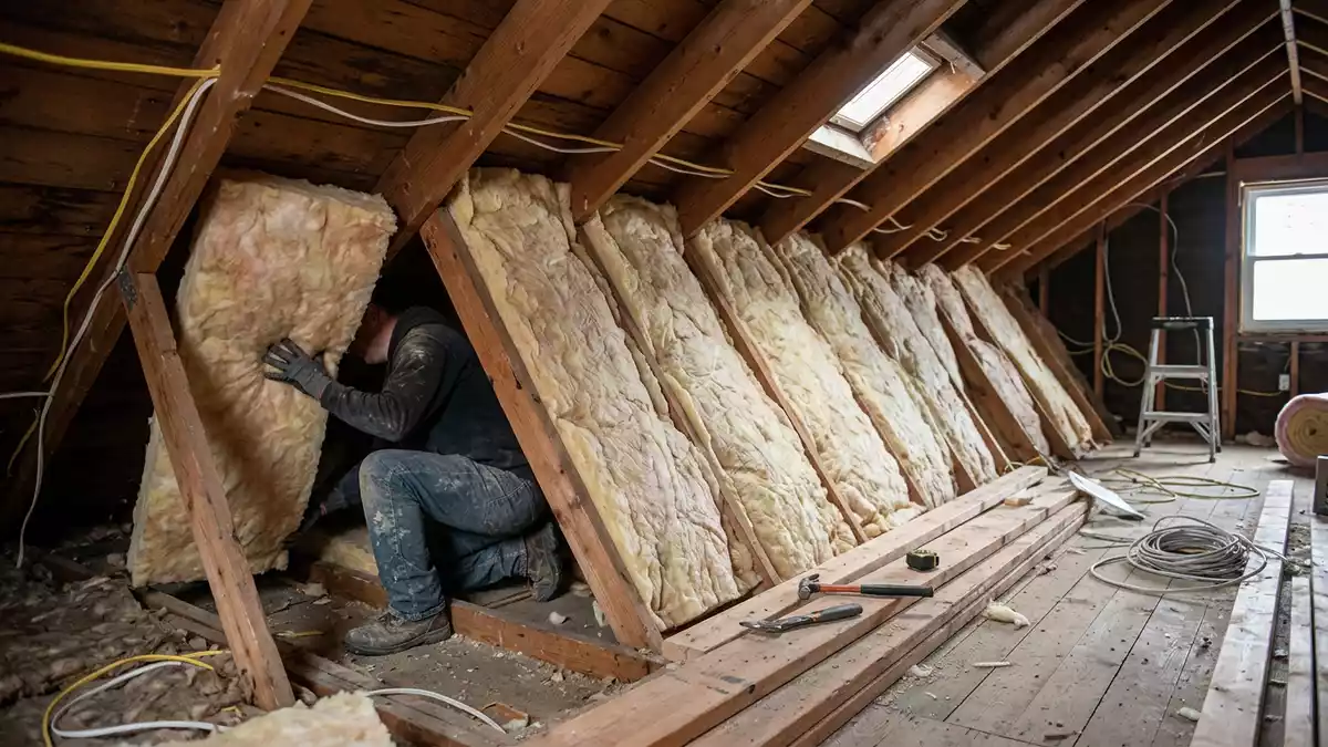 Fotorealistische Ansicht von Dämmplatte beim Hausbau in realer Umgebung, neutral