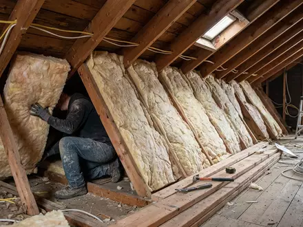 Fotorealistische Aufnahme von Dämmplatte beim Hausbau zum Thema Owens Corning Dämmung, ISIN US6907421019, natuerliches Licht - Foto: THN
