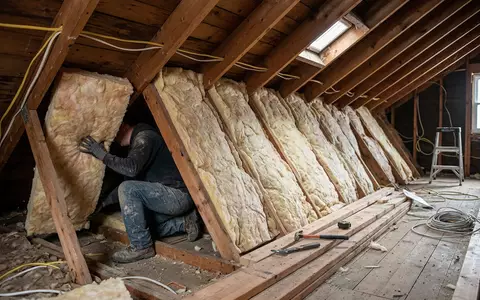 Fotorealistische Aufnahme von Dämmplatte beim Hausbau zum Thema Owens Corning Dämmung, ISIN US6907421019, natuerliches Licht - Foto: THN