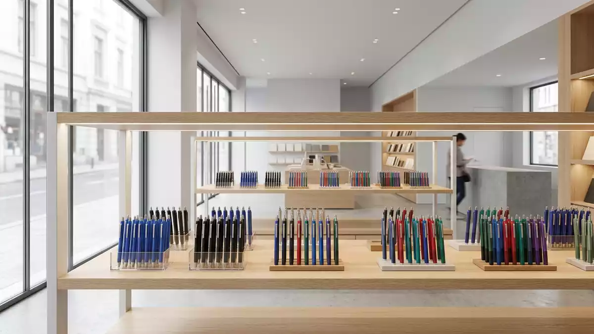 Architektur-Render im Schreibwarenhandel mit Tintenroller im Ausstellungsbereich