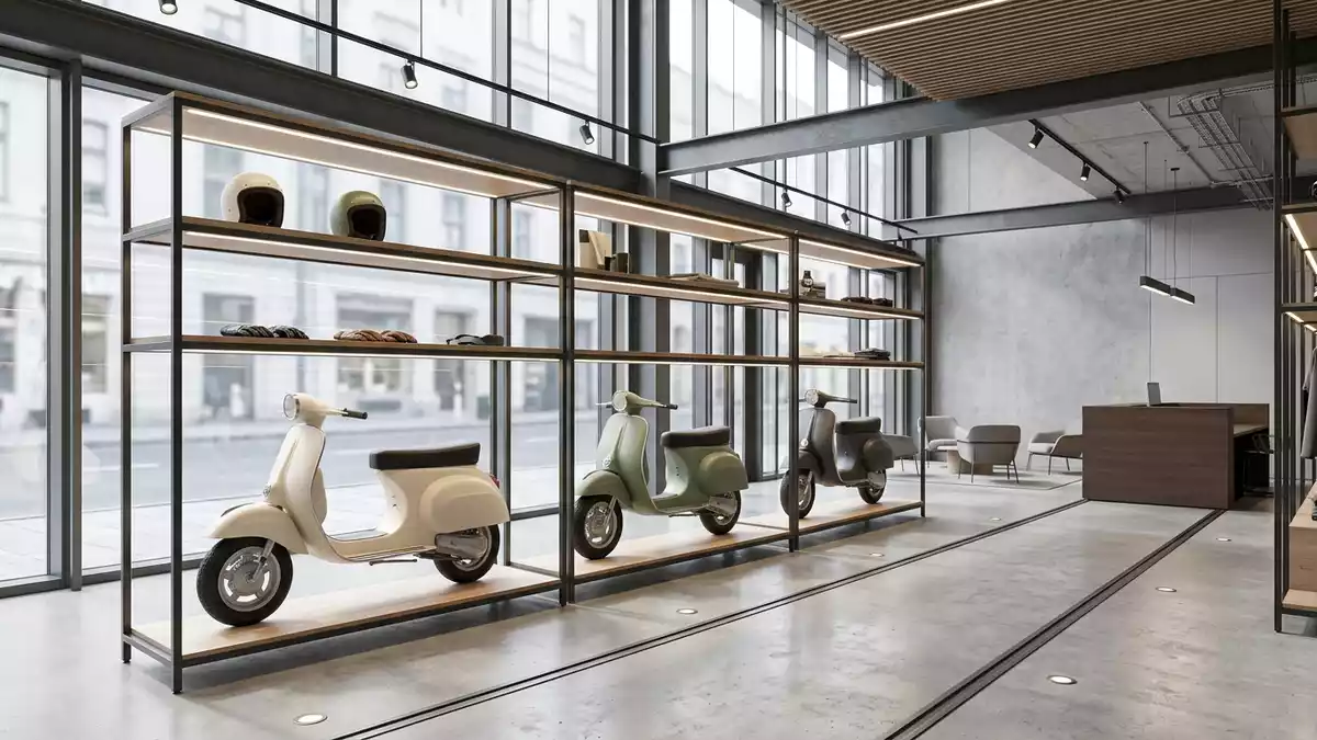 Architektur-Render im Motorradhandel mit Motorroller im Ausstellungsbereich, neutral