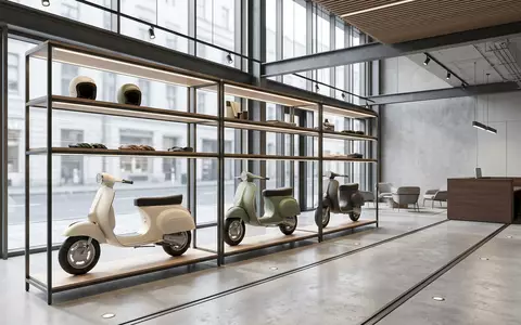 Architektur-Render im Motorradhandel mit Motorroller zum Thema Vespa Primavera, ISIN IT0003073266, neutrales Tageslicht - Foto: THN