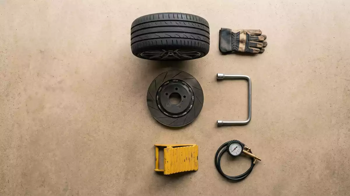 Flatlay-Arrangement rund um Hochleistungsreifen mit passenden Requisiten von oben