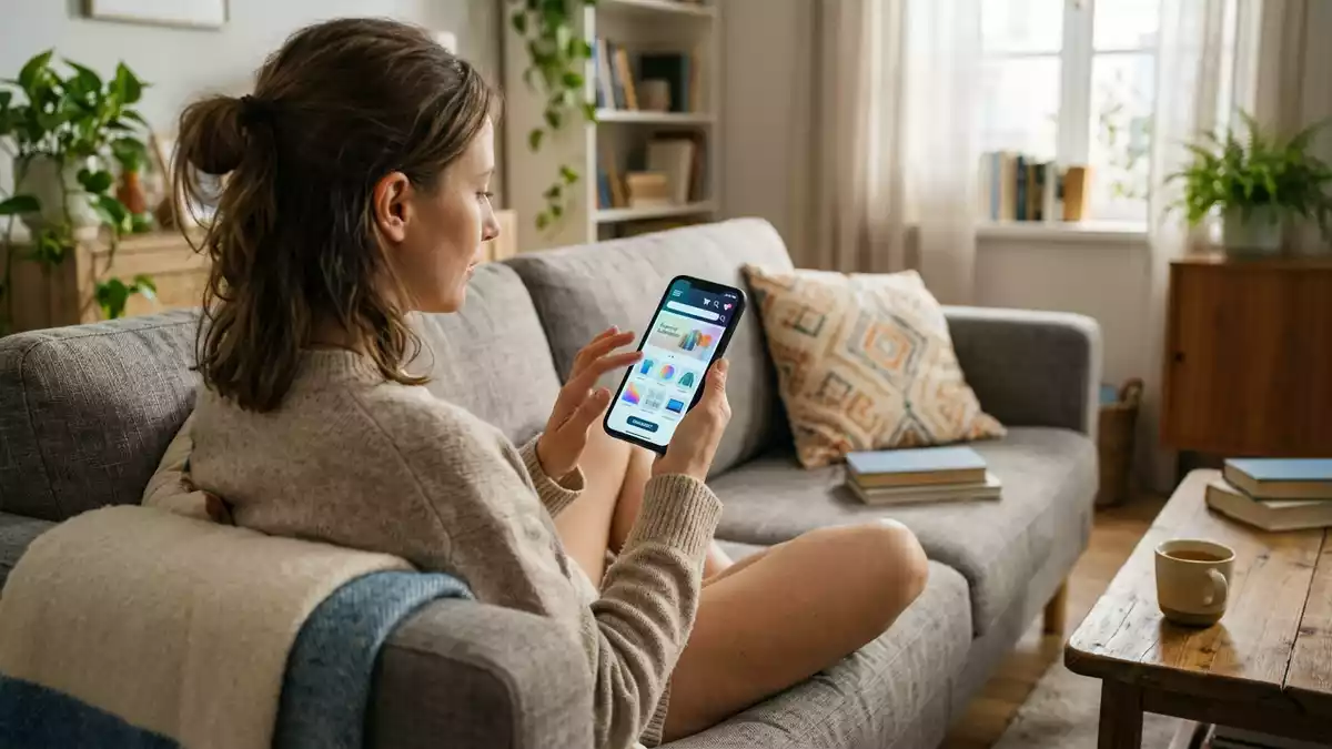Fotorealistische Ansicht von Einkaufs-Smartphone zu Hause in realer Umgebung, neutral