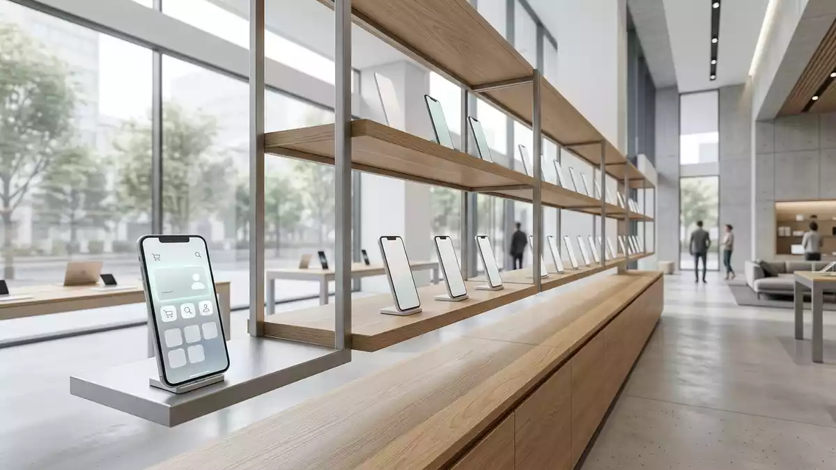 Architektur-Render im Elektronik-Fachmarkt mit Einkaufs-Smartphone im Ausstellungsbereich