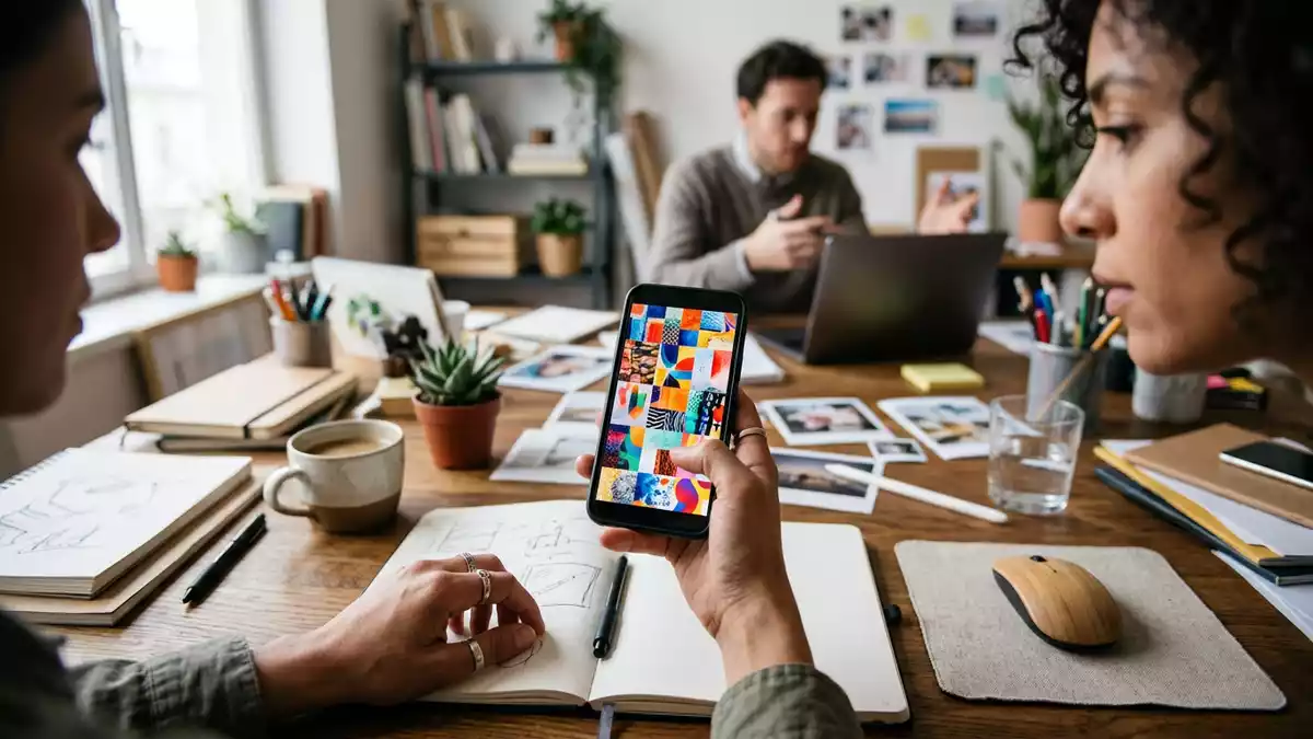 Fotorealistische Ansicht von Kreativ-Smartphone am Schreibtisch in realer Umgebung