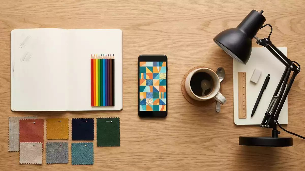 Flatlay-Arrangement rund um Kreativ-Smartphone mit passenden Requisiten von oben