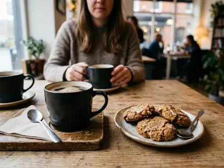 Fotorealistische Aufnahme von Karamellkekse zur Kaffeepause zum Thema Lotus Biscoff, ISIN BE0003604155, natuerliches Licht - Foto: THN