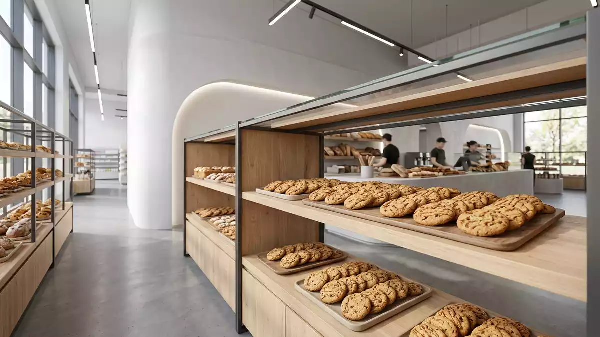 Architektur-Render im Supermarkt mit Karamellkekse im Ausstellungsbereich, neutral