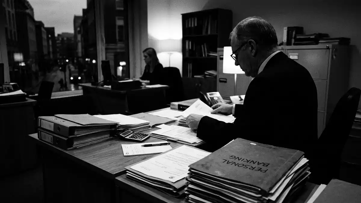 Schwarzweiss-Reportagebild mit Bankunterlagen in dokumentarischer Arbeitsumgebung