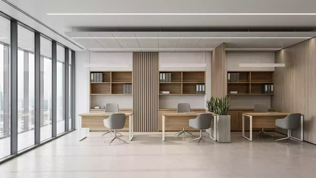 Architektur-Render im Bankfiliale mit Bankunterlagen im Ausstellungsbereich, neutral