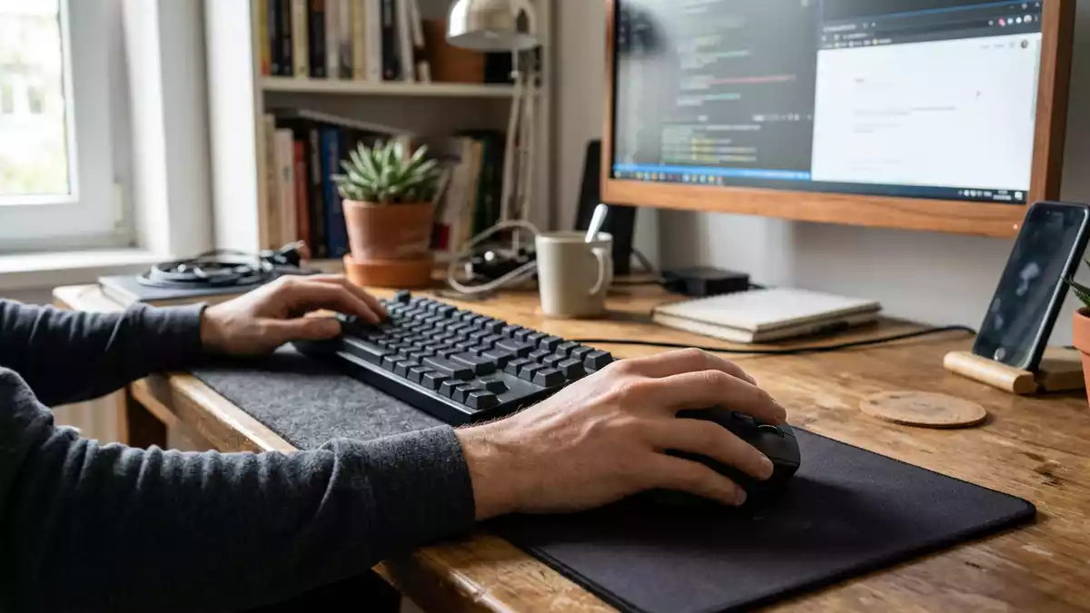 Fotorealistische Ansicht von Computermaus am Arbeitsplatz in realer Umgebung, neutral