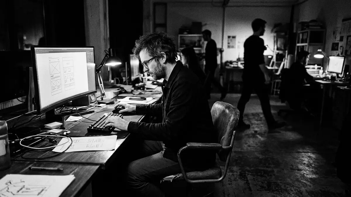 Schwarzweiss-Reportagebild mit Computermaus in dokumentarischer Arbeitsumgebung