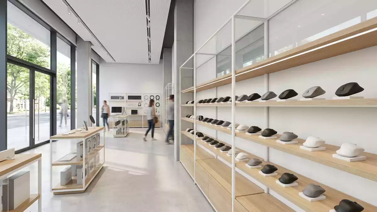 Architektur-Render im Elektronik-Fachmarkt mit Computermaus im Ausstellungsbereich