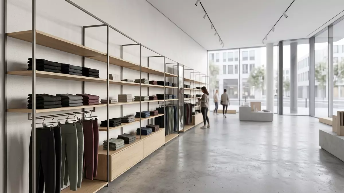 Architektur-Render im Sportgeschäft mit Sportleggings im Ausstellungsbereich, neutral