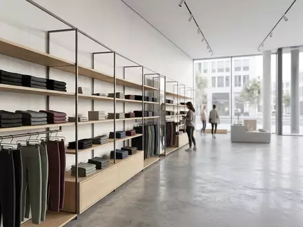 Architektur-Render im Sportgeschäft mit Sportleggings zum Thema Lululemon Align Leggings, ISIN US5500211090, neutrales Tageslicht - Foto: THN