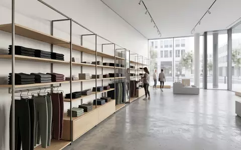 Architektur-Render im Sportgeschäft mit Sportleggings zum Thema Lululemon Align Leggings, ISIN US5500211090, neutrales Tageslicht - Foto: THN
