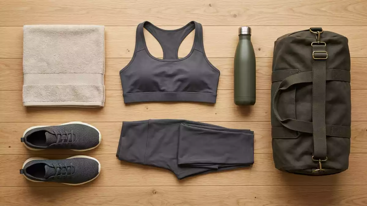 Flatlay-Arrangement rund um Sportleggings mit passenden Requisiten von oben, neutral
