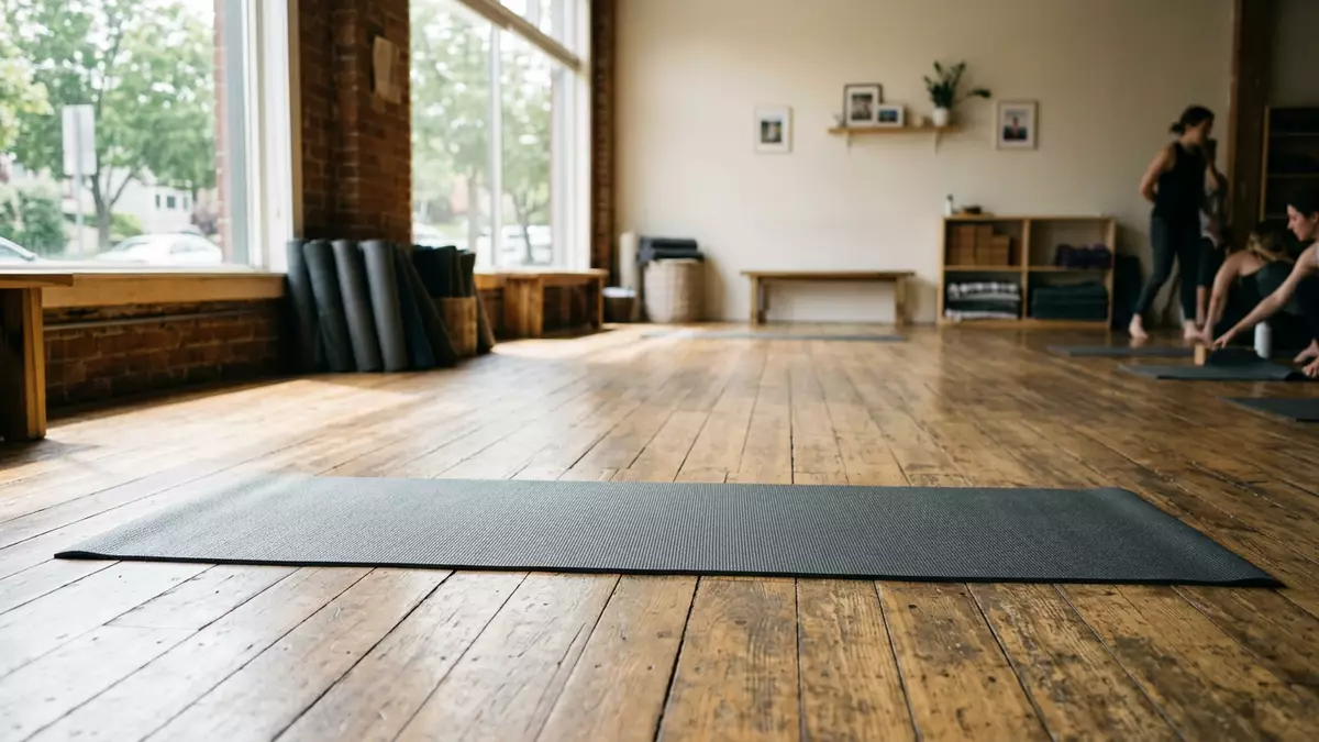 Fotorealistische Ansicht von Yogamatte beim Yoga in realer Umgebung, neutral