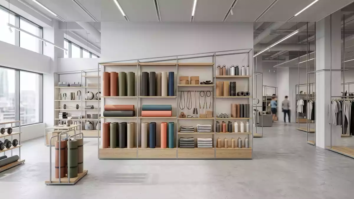 Architektur-Render im Sportgeschäft mit Yogamatte im Ausstellungsbereich, neutral