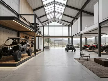 Architektur-Render im Fahrzeughandel mit Geländebuggy zum Thema Polaris RZR, ISIN US7310681025, neutrales Tageslicht - Foto: THN