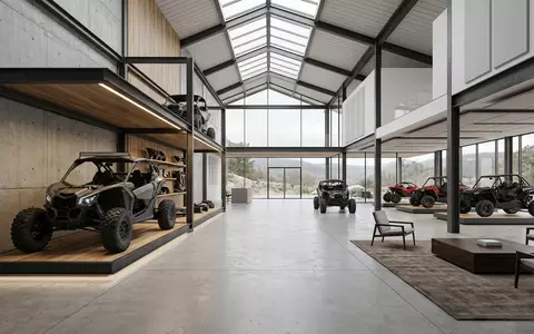 Architektur-Render im Fahrzeughandel mit Geländebuggy zum Thema Polaris RZR, ISIN US7310681025, neutrales Tageslicht - Foto: THN