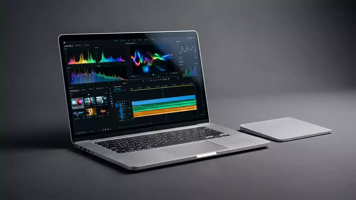 Fotorealistische Studioansicht von Streaming-Laptop in neutraler Produktdarstellung
