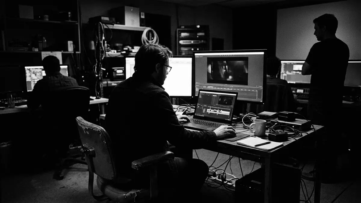 Schwarzweiss-Reportagebild mit Streaming-Laptop in dokumentarischer Arbeitsumgebung