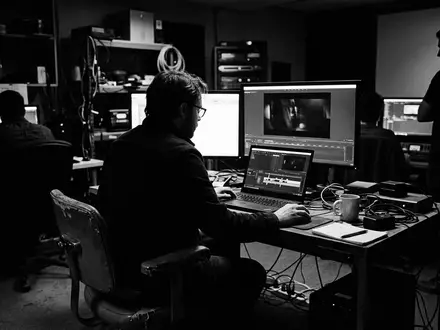 Schwarzweiss-Reportage mit Streaming-Laptop zum Thema Joyn App, ISIN DE000PSM7770, hoher Kontrast, sachlich dargestellt - Foto: THN