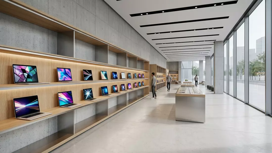 Architektur-Render im Elektronik-Fachmarkt mit Streaming-Laptop im Ausstellungsbereich