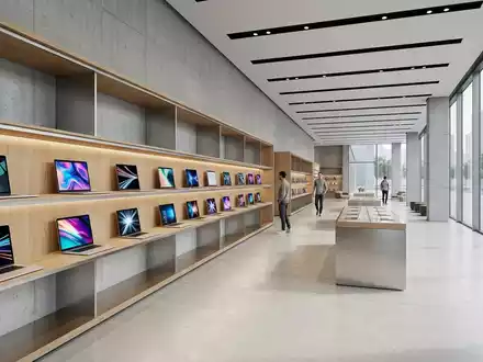 Architektur-Render im Elektronik-Fachmarkt mit Streaming-Laptop zum Thema Joyn App, ISIN DE000PSM7770, neutrales Tageslicht - Foto: THN