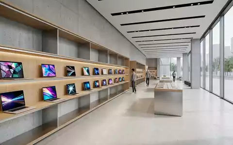 Architektur-Render im Elektronik-Fachmarkt mit Streaming-Laptop zum Thema Joyn App, ISIN DE000PSM7770, neutrales Tageslicht - Foto: THN