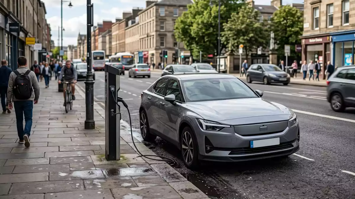 Fotorealistische Ansicht von Elektrolimousine beim Laden in realer Umgebung, neutral