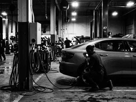 Schwarzweiss-Reportage mit Elektrolimousine zum Thema Polestar 2, ISIN US7311052010, hoher Kontrast, sachlich dargestellt - Foto: THN