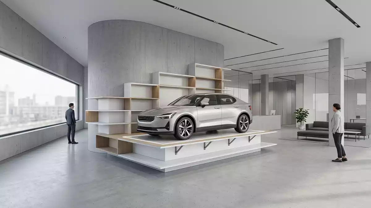 Architektur-Render im Autohandel mit Elektrolimousine im Ausstellungsbereich, neutral