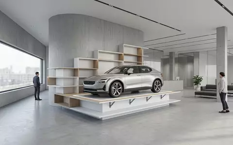 Architektur-Render im Autohandel mit Elektrolimousine zum Thema Polestar 2, ISIN US7311052010, neutrales Tageslicht - Foto: THN