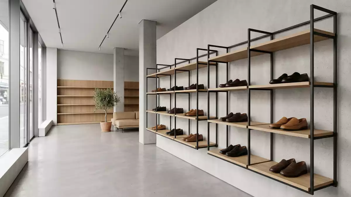 Architektur-Render im Schuhgeschäft mit Lederloafer im Ausstellungsbereich, neutral