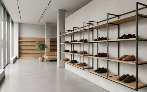 Architektur-Render im Schuhgeschäft mit Lederloafer zum Thema Prada Loafers, ISIN HK0000096323, neutrales Tageslicht - Foto: THN