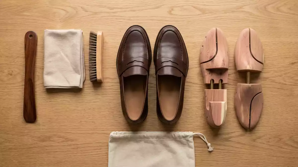 Flatlay-Arrangement rund um Lederloafer mit passenden Requisiten von oben, neutral